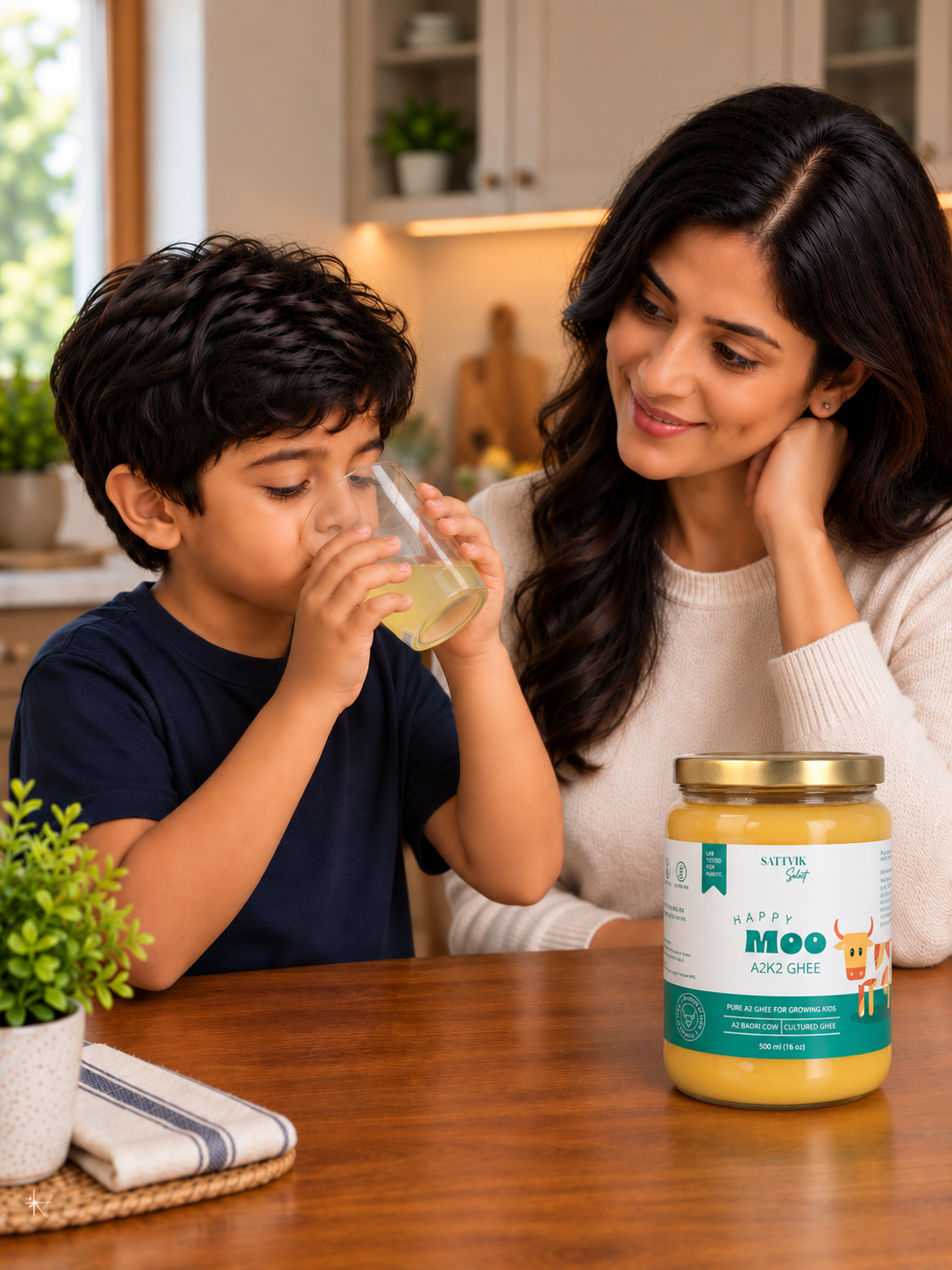 A child sipping the Happy Moo ritual while his mother watches