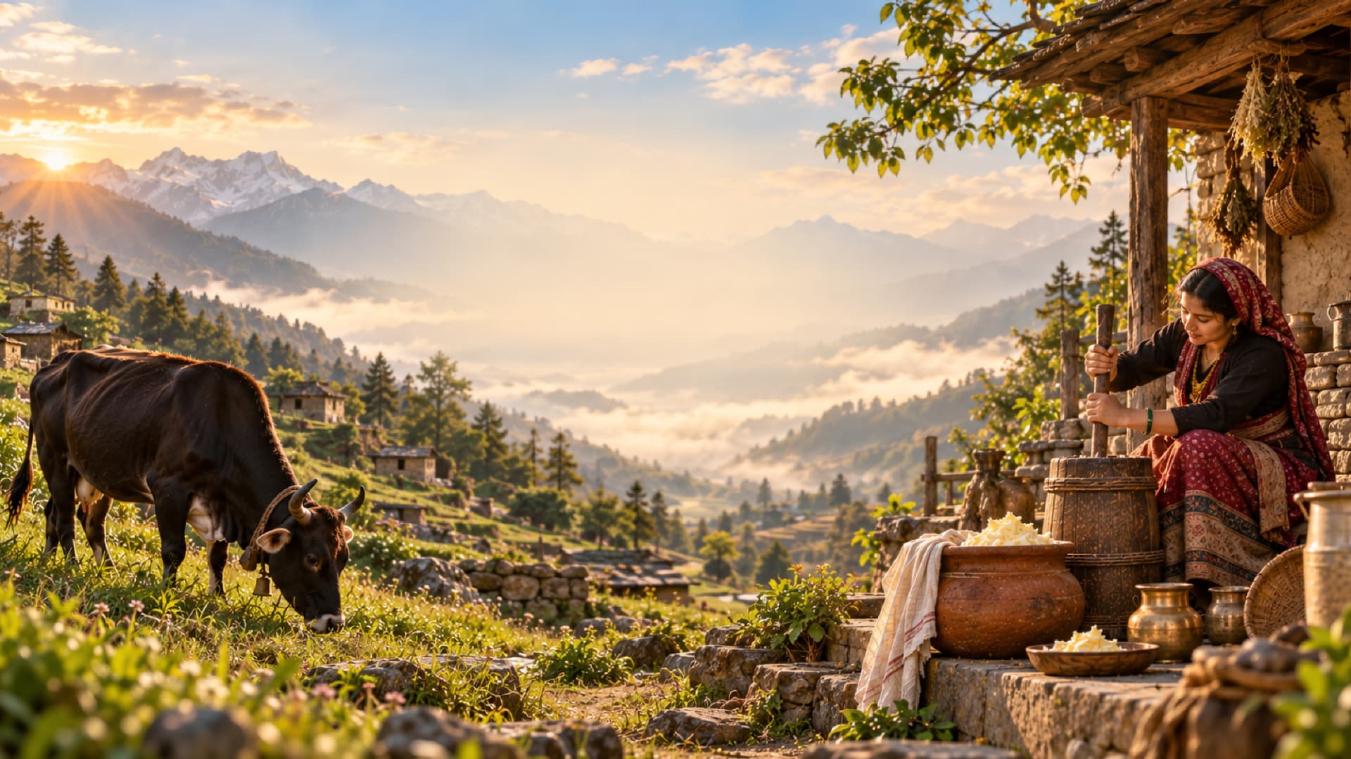 A Badri cow grazing at sunrise in a Himalayan village while a woman hand-churns Ghee in a traditional clay pot