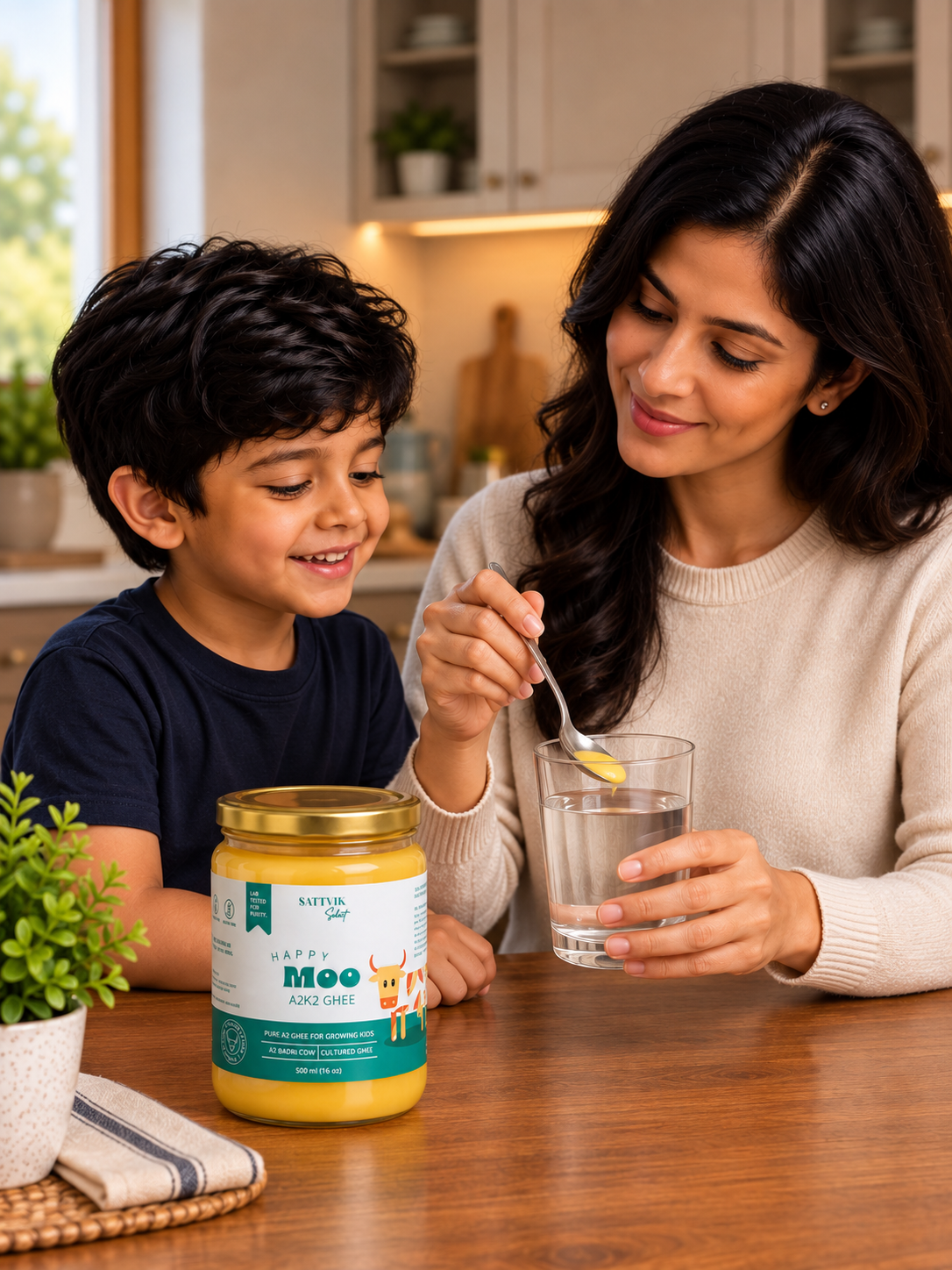 A wooden spoon stirring warm water beside a Happy Moo Ghee jar
