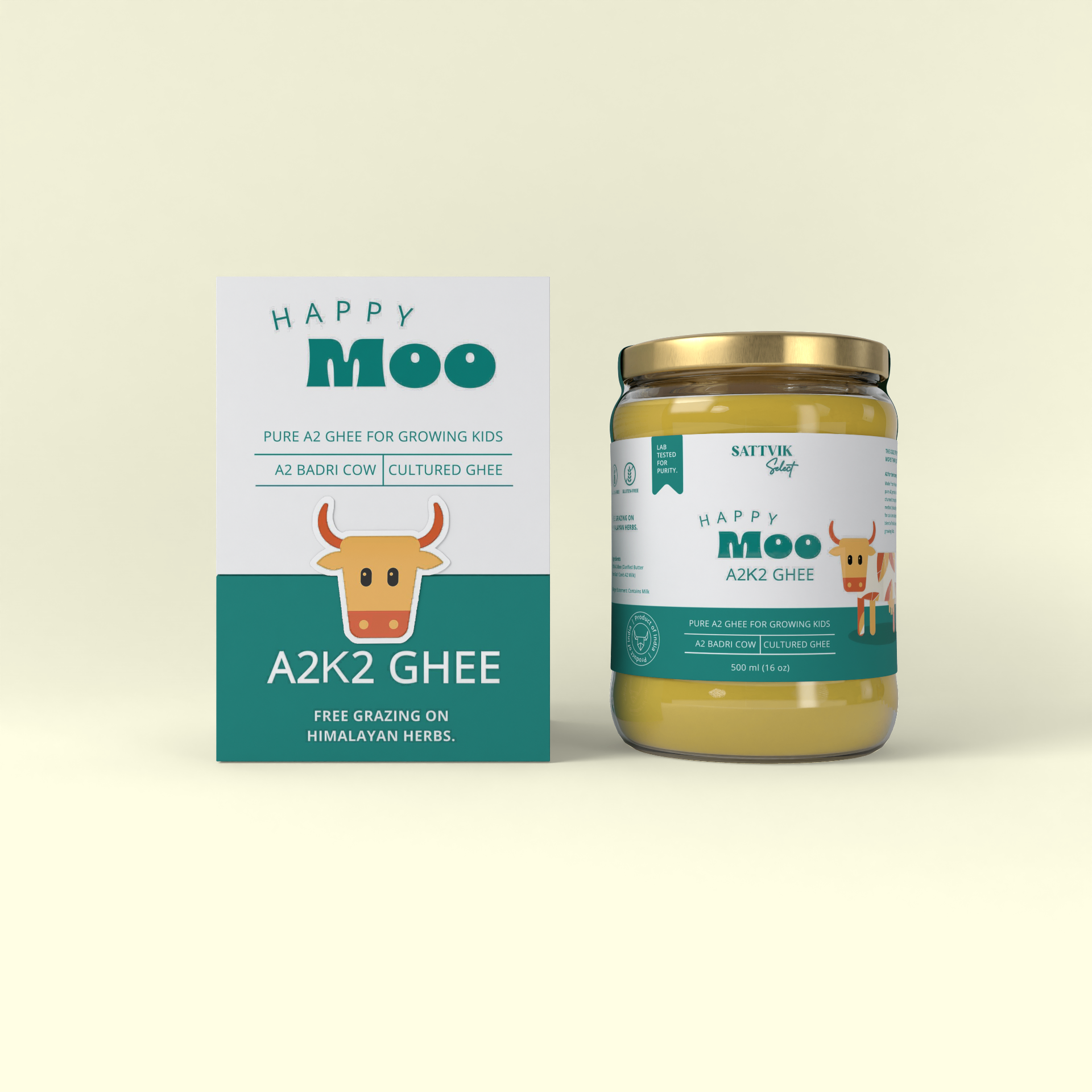 Happy Moo ghee jar beside its branded box