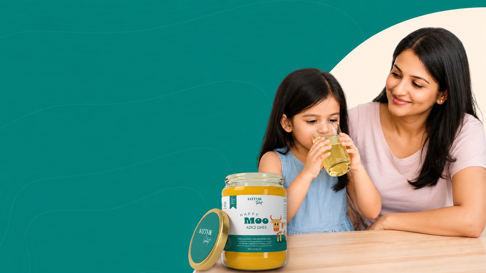 A mother watching her daughter sip warm water with Happy Moo A2K2 ghee, next to the Happy Moo jar
