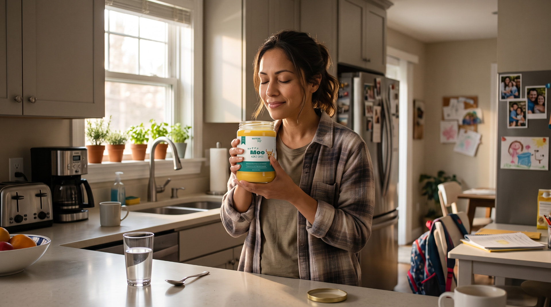 Mom, eyes closed, smelling an open jar of Happy Moo ghee at her kitchen counter