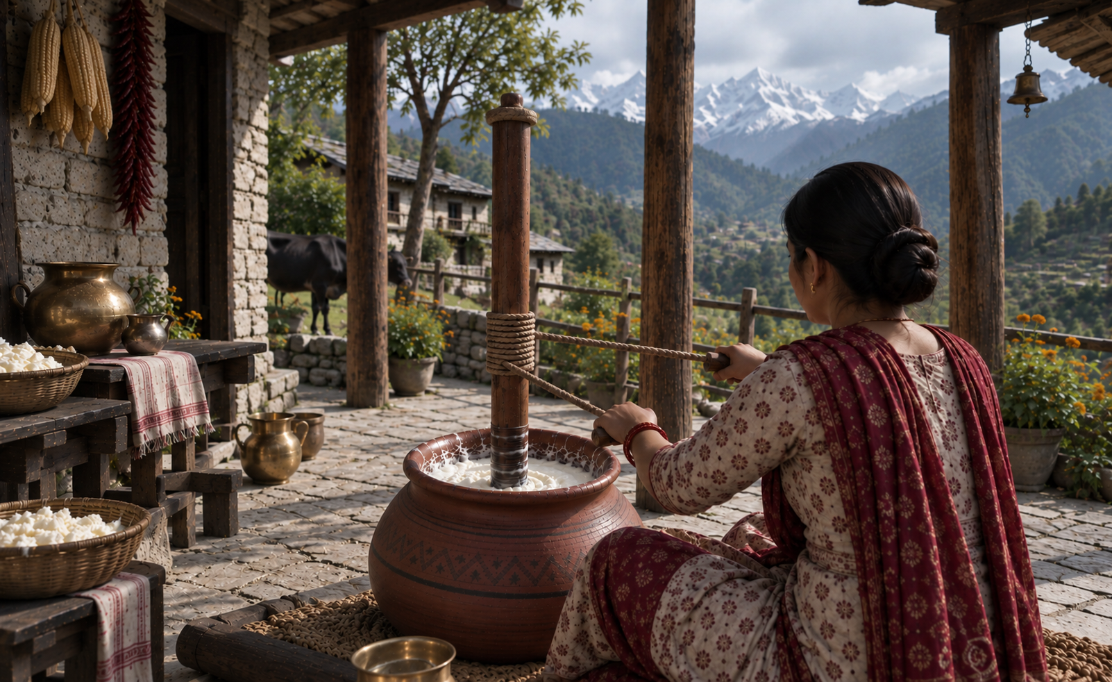 Woman hand-churning cultured butter in a clay pot in the Himalayan foothills